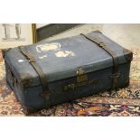 Mid 20th century Blue Suitcase with Leather Mounts and Straps together with a Wooden and Canvas