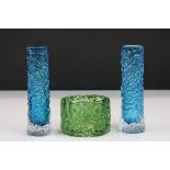 Whitefriars "bark" glass designed by Geoffrey Baxter comprising two kingfisher blue vases and one