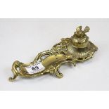 Brass Rococo Style Inkwell and Pen Tray, the lid of the Inkwell surmounted by a Bird