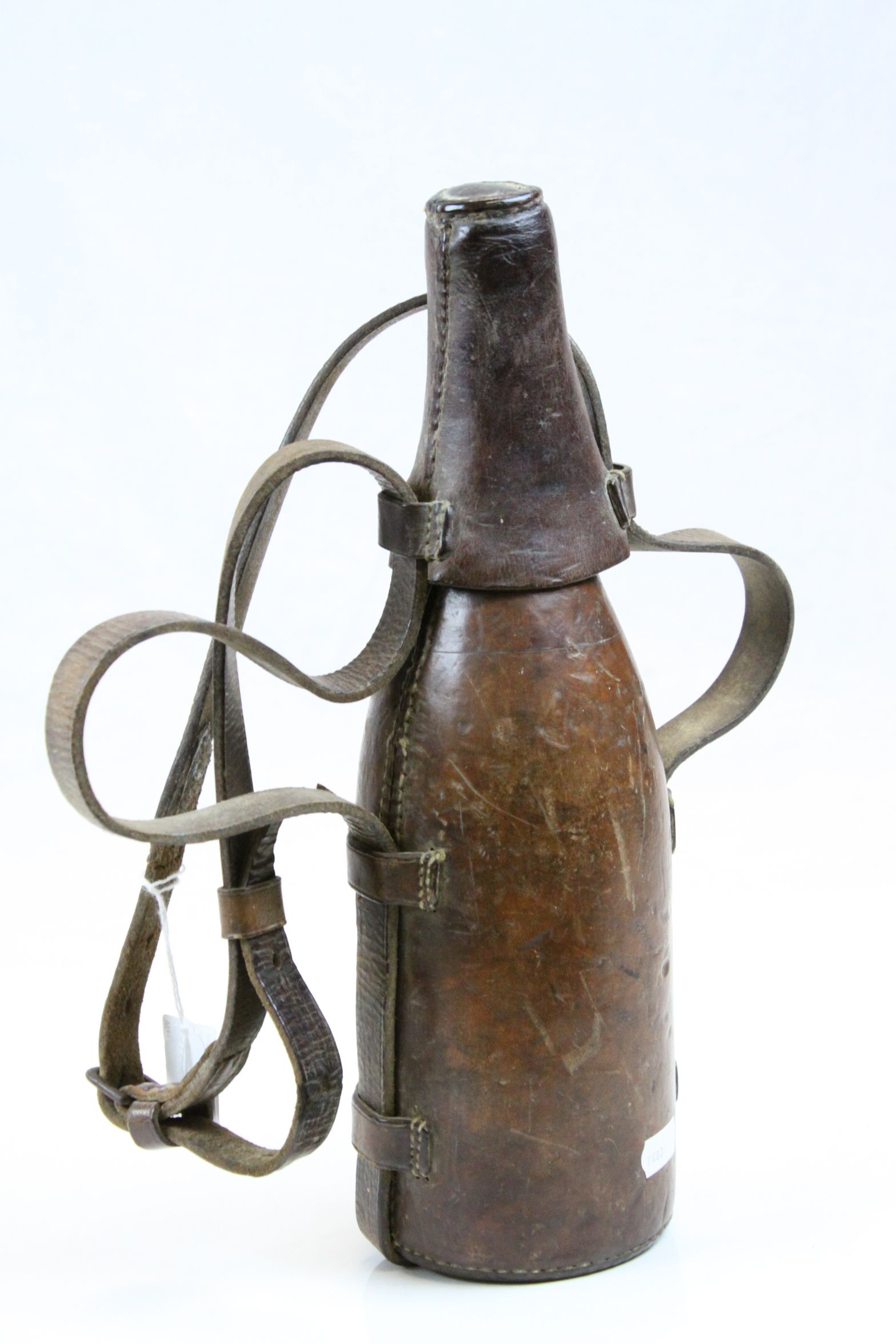 Vintage Leather covered Hunting style Glass Wine bottle with carry strap & lid, approx 32.5cm long