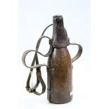 Vintage Leather covered Hunting style Glass Wine bottle with carry strap & lid, approx 32.5cm long