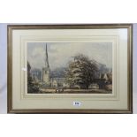 Framed 19th century watercolour, rural scene, children playing outside a church, labelled verso St