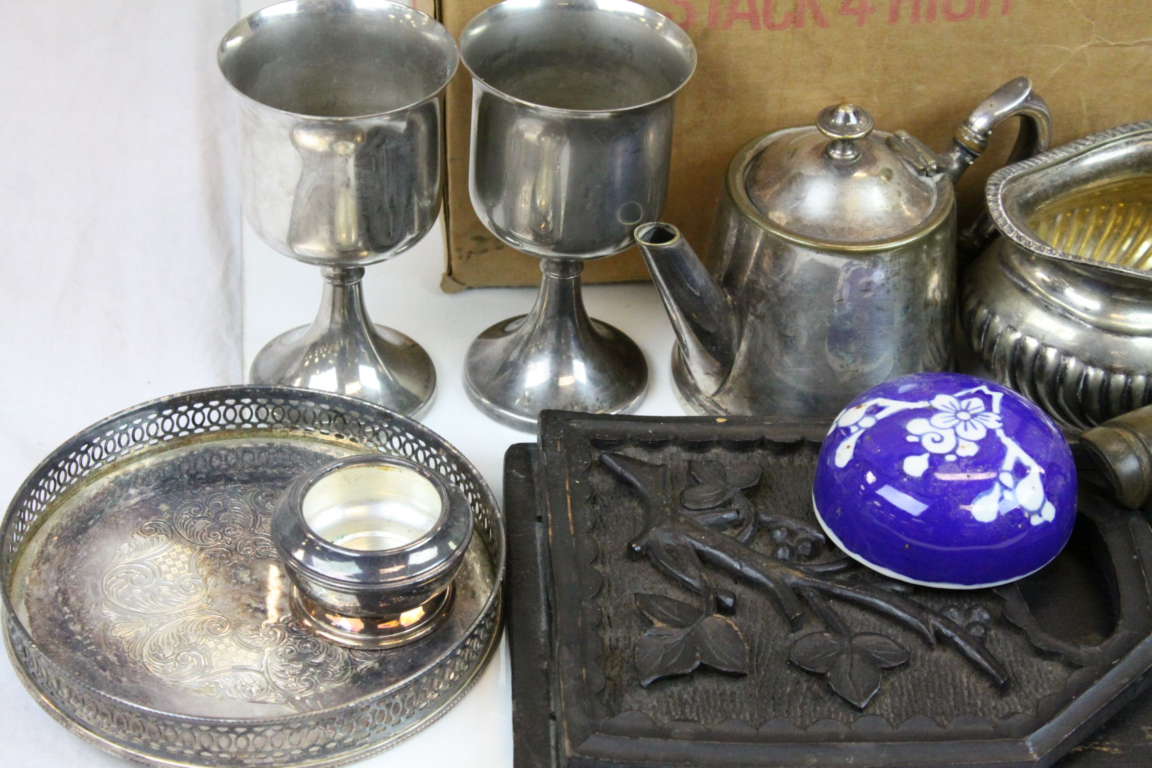 Two boxes of mixed collectibles to include silver plate, puzzle box, treen, ceramics etc - Image 2 of 5