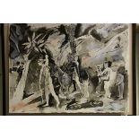 Contemporary modernist pen & watercolour, stylized figures on horseback and walking, titled 'On A