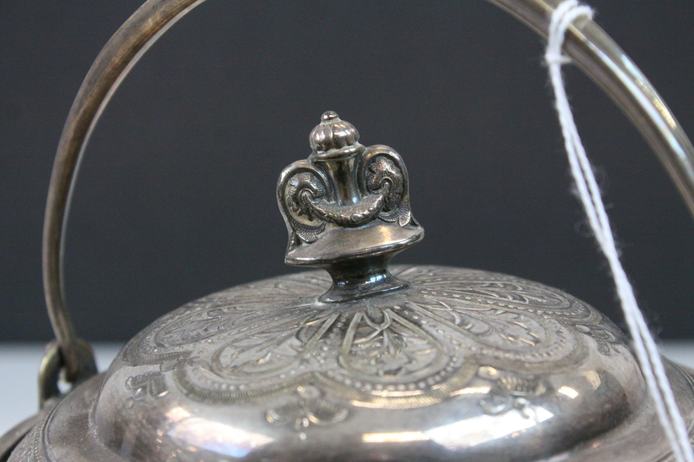 19th Century Jasper ware Biscuit Barrel with Silver plated mounts, lid and swing handle, stands - Image 3 of 6