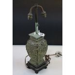 Antique Chinese bronze vase, converted to lamp and on a wooden base