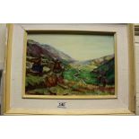 Oil on board depicting Highland landscape with hikers, signed