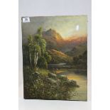 Unframed Oil on canvas of a Lake scene with mountains to the background, signed "T Hider" and marked