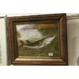 Gilt framed oil painting of a pike fish in a river backwater