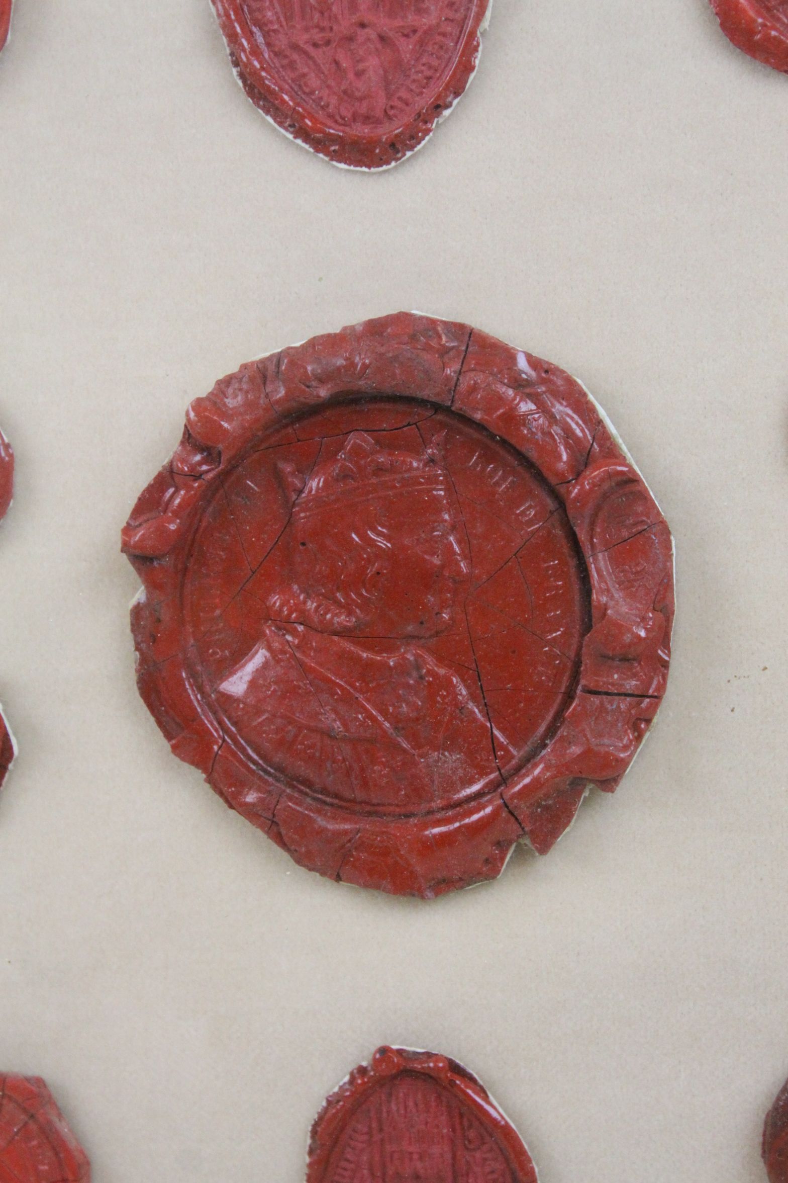 Framed and glazed set of 19th century wax seals - Image 2 of 6