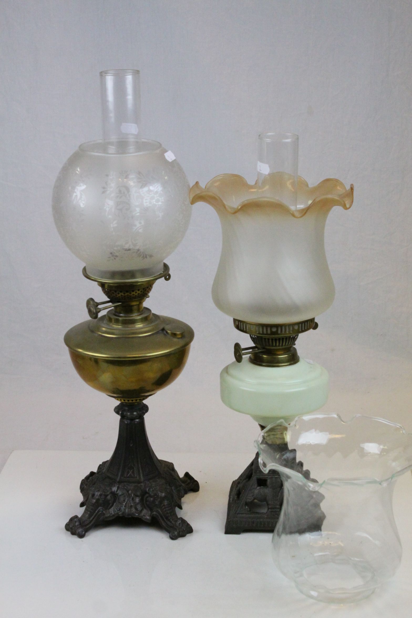 Two 19th Century Oil Lamps with glass shades & funnels