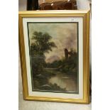 Gilt framed Oil on canvas of a River scene with Ruins and Mountains to background, signed "W