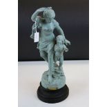 Verdigris finished French Bronze model of a Female with Cherub, with plaque marked "Essor", after "