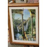 Large framed & glazed Oil on canvas of a Classical scene with Waterfalls, image approx 69 x 48cm