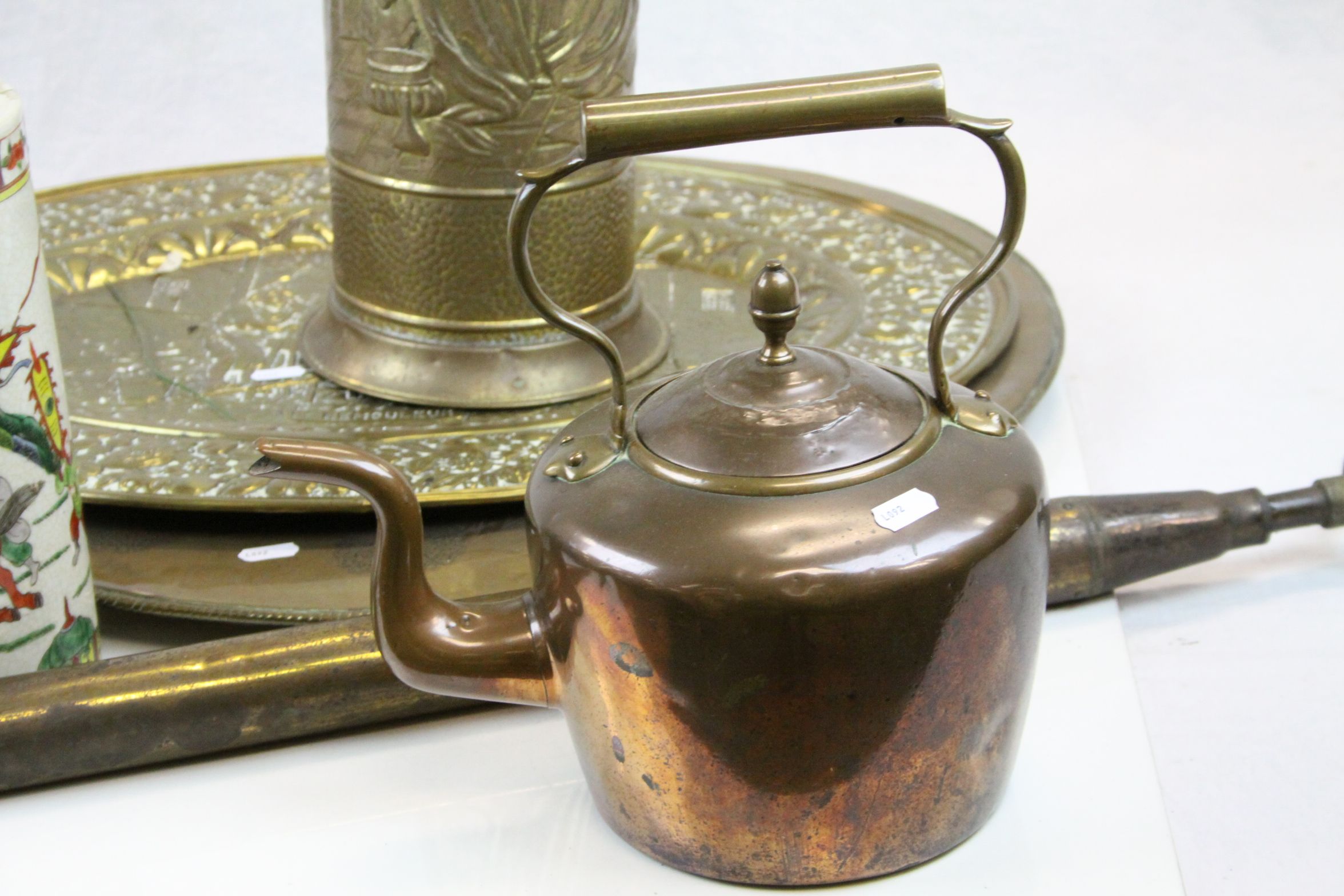 19th Century copper kettle, Carmichael & Co weedkiller sprayer, two brass chargers & a stick stand - Image 2 of 5
