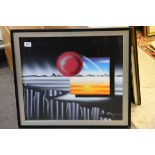 Signed studio framed painting of a surrealist planet scene