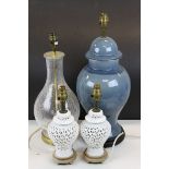 Blue ground ovoid ceramic lamp, glass crackle glazed lamp and two white ceramic lamps with pierced