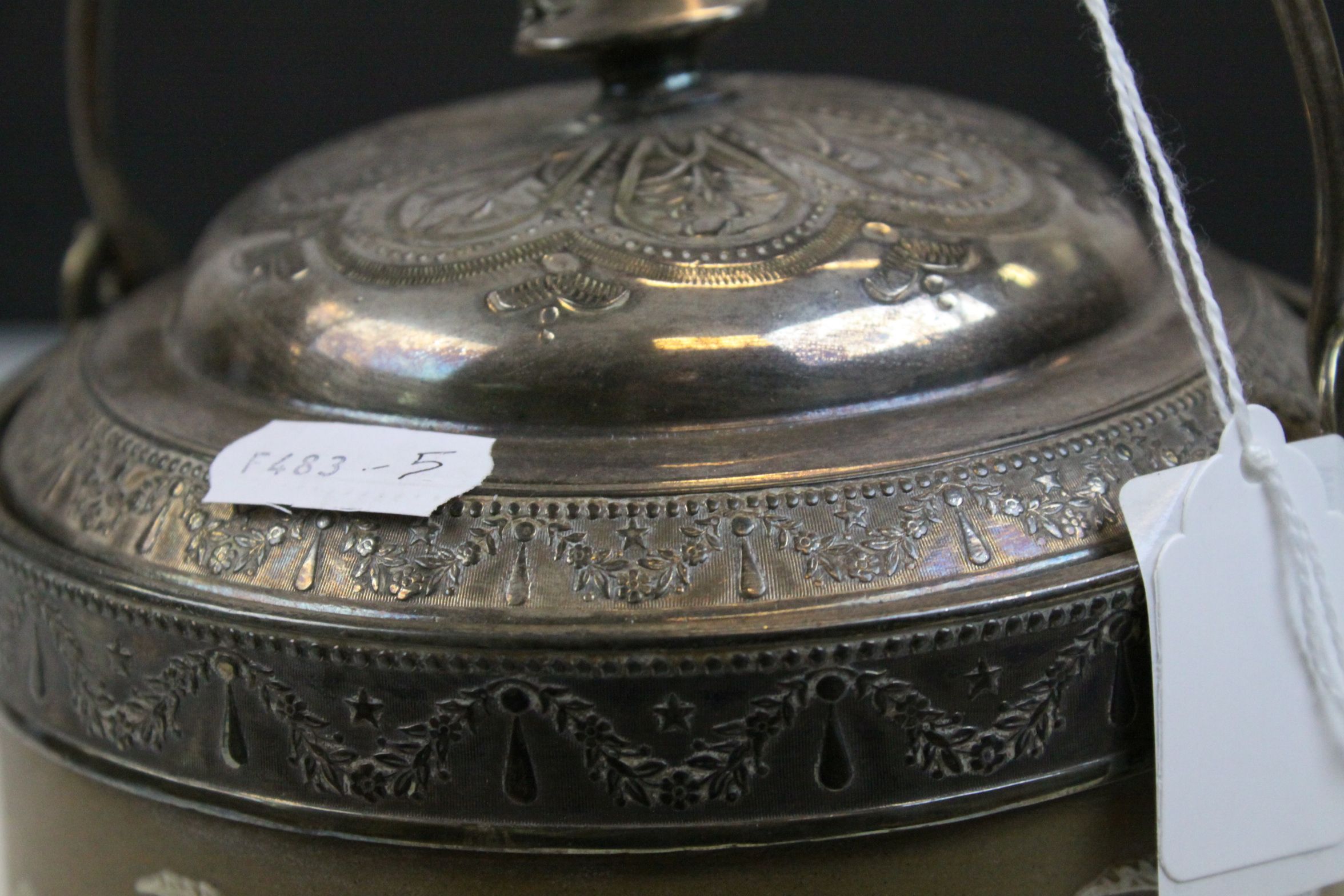 19th Century Jasper ware Biscuit Barrel with Silver plated mounts, lid and swing handle, stands - Image 4 of 6