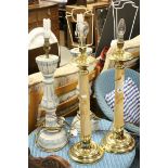A pair of contemporary column table lamps, brass mounted with faux marble, together with a pair of