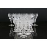 17 vintage Drinking Glasses with faceted pattern & engraved with Grape & Leaf decoration, several