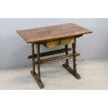 19th century Pine Trestle Table Base (pegs missing) with Later Top and Drawer, 97cms x 70cms x 74cms