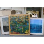 Two framed & glazed Abstract Oil on canvas pictures, plus a similar Oil on board example approx 56 x