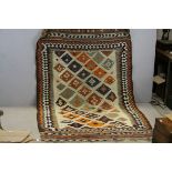 Kashan Flat Weave Rug, Cream Ground with an Orange, Blue, Brown and Green Pattern, 230cms x 132cms