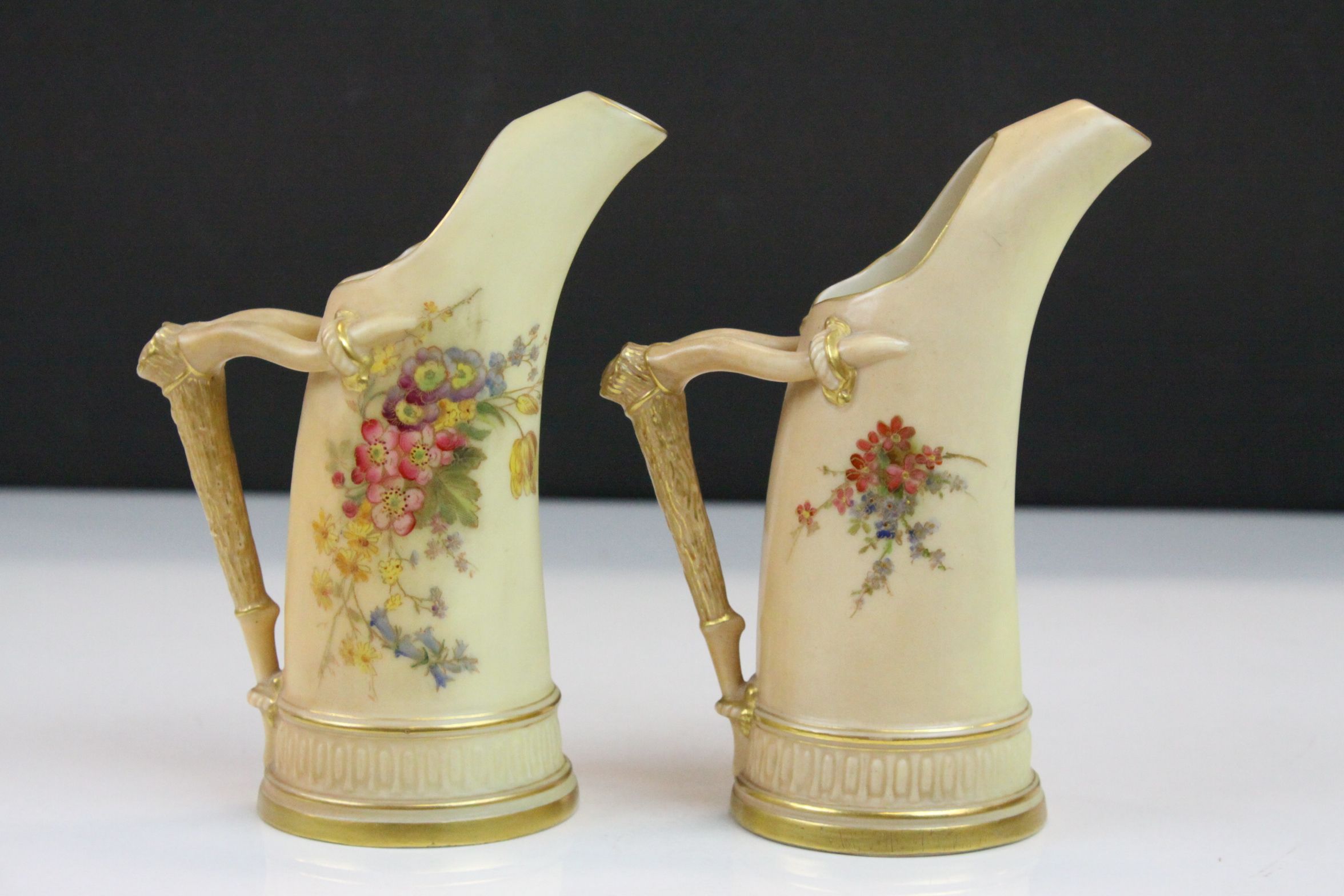Three Royal Worcester Blush Ivory ceramic Ewers all with hand painted Floral designs & Gilt - Image 5 of 8