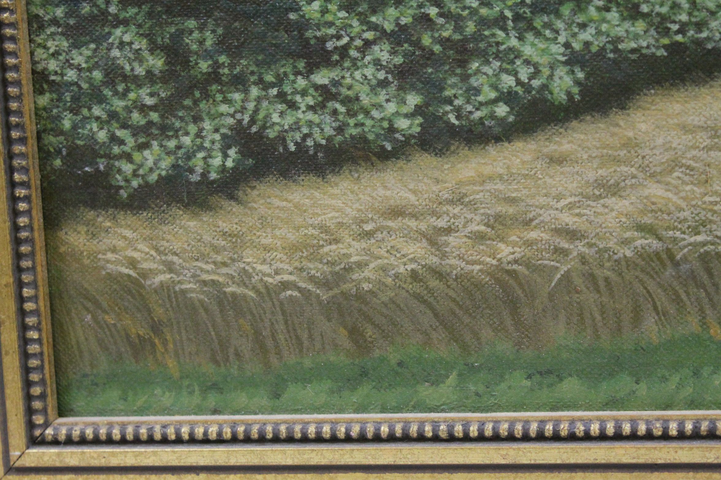 Gilt framed Oil on canvas of a Corn field with Oak tree, image approx 49.5 x 60cm - Image 3 of 3