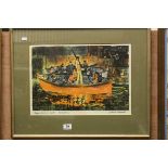 Framed & glazed coloured Lithograph "Boys & girls in Boats - Windsor" by "Leonard Rosoman", image