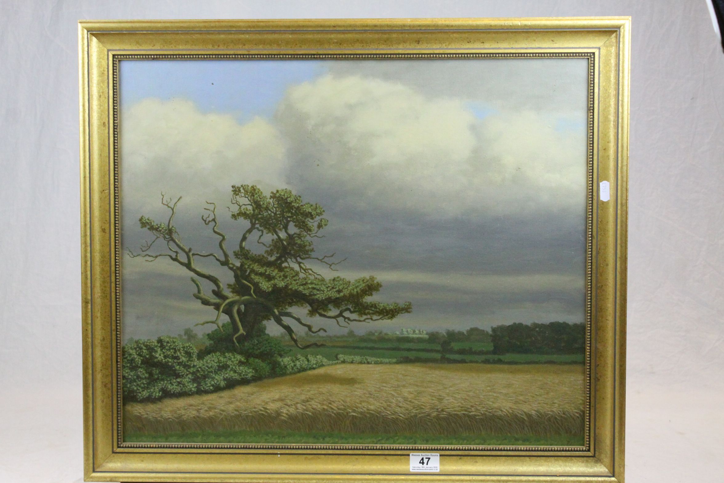 Gilt framed Oil on canvas of a Corn field with Oak tree, image approx 49.5 x 60cm