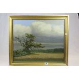 Gilt framed Oil on canvas of a Corn field with Oak tree, image approx 49.5 x 60cm