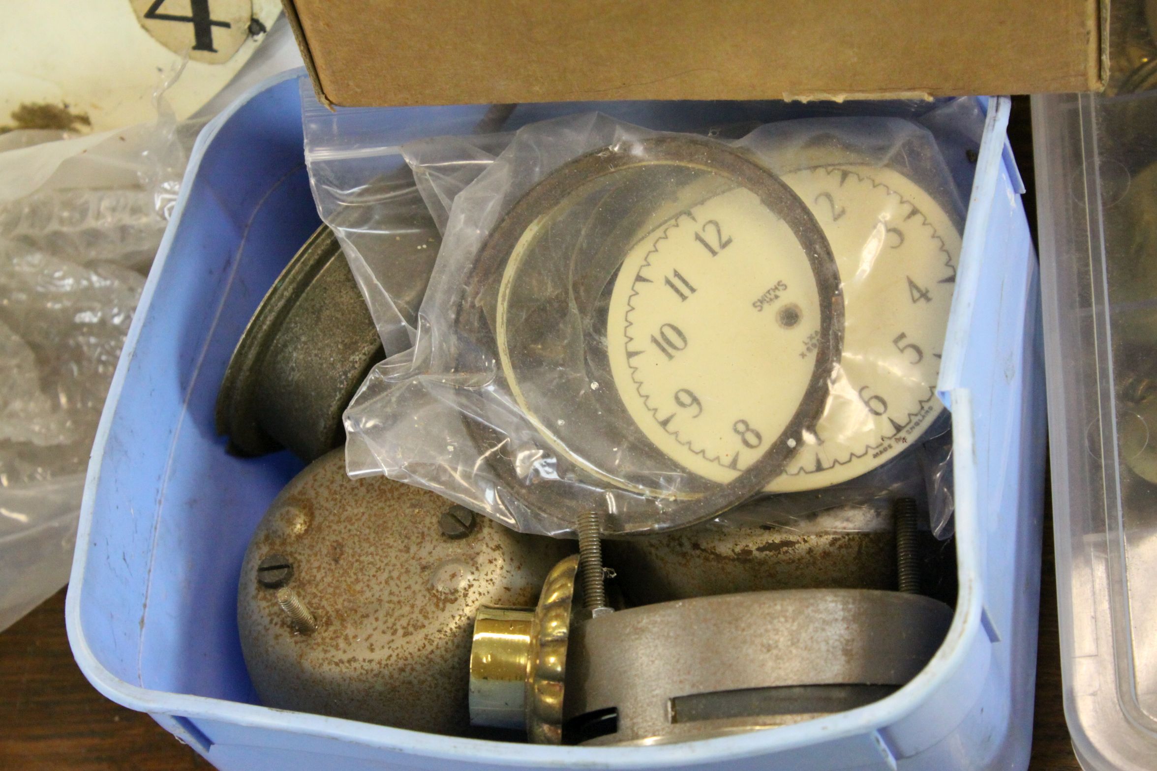 Large box of mixed vintage Clock parts to include Dials, Pendulums, Glasses & Hands etc - Image 2 of 5