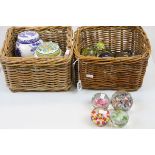 Quantity of contemporary paperweights, together with two Masons ginger & two wicker baskets