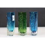 Three Whitefriars Vases, designed by Geoffrey Baxter, comprising two kingfisher blue and one