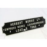 Cast iron sign Herbert Morris ltd Empress Works Loughborough Load 5 Tons, black ground with white