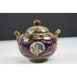 Continental pottery lustre twin handled pot and cover with cameos depicting male and female stylized