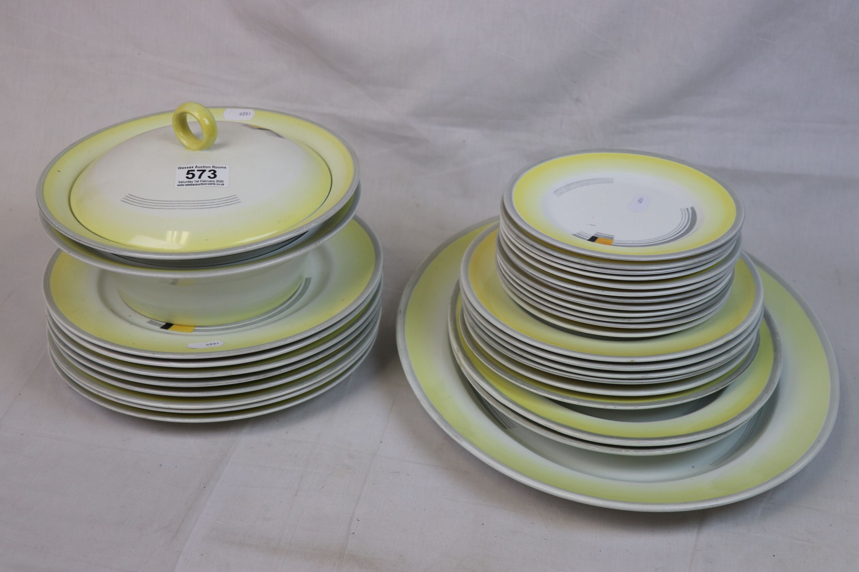 Shelley art deco part dinner service, stylised decoration, to include terrine, oval meat dishes, - Image 3 of 6