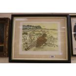 Framed etching study of a bird of prey in landscape