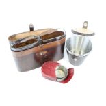 Leather cased hunting set of stirrup cups, collapsible leather cased single cup and leather cased