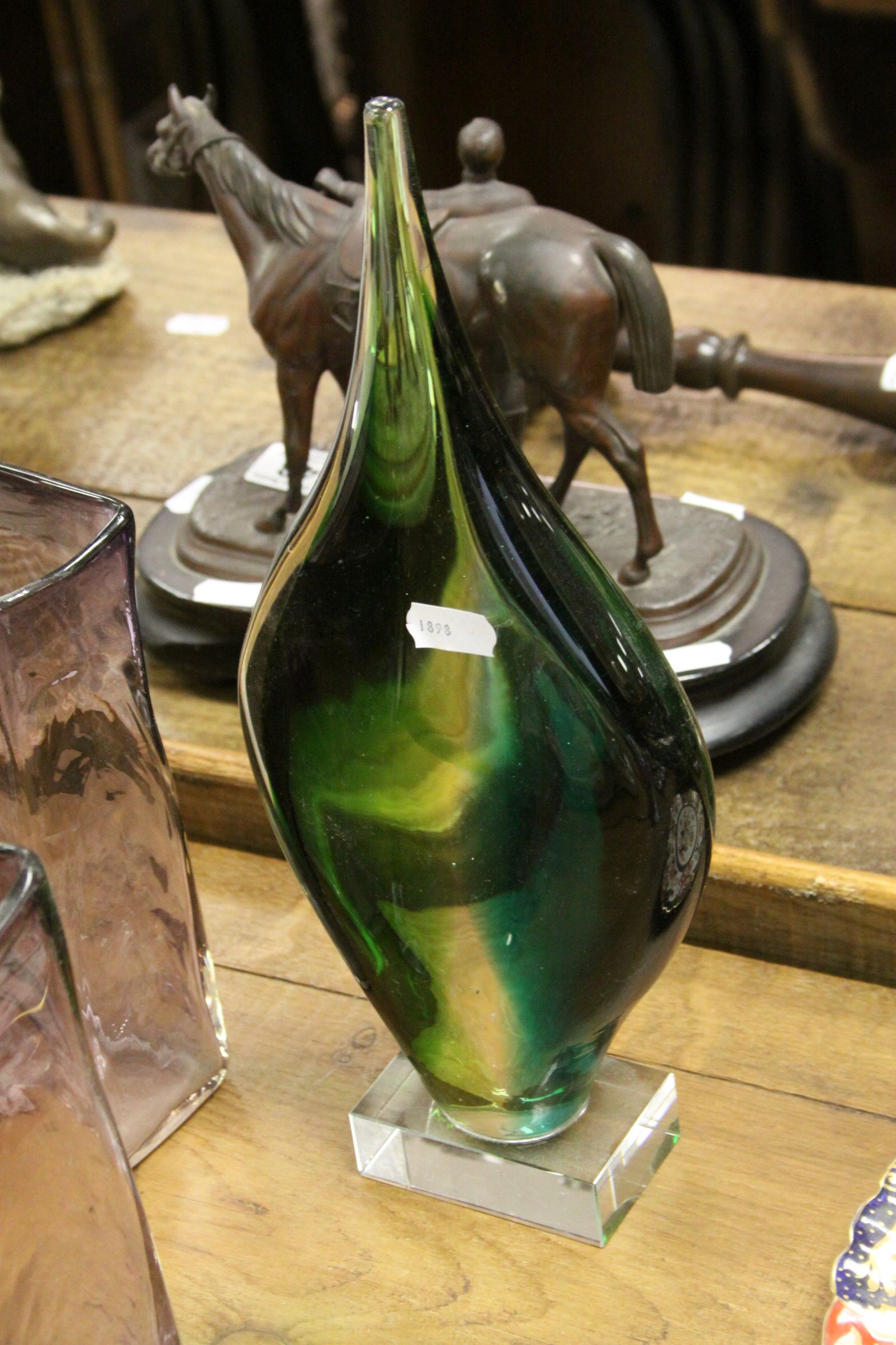 Contemporary glass sculpture in the form of a droplet & three Whitefriar style vases - Image 5 of 5