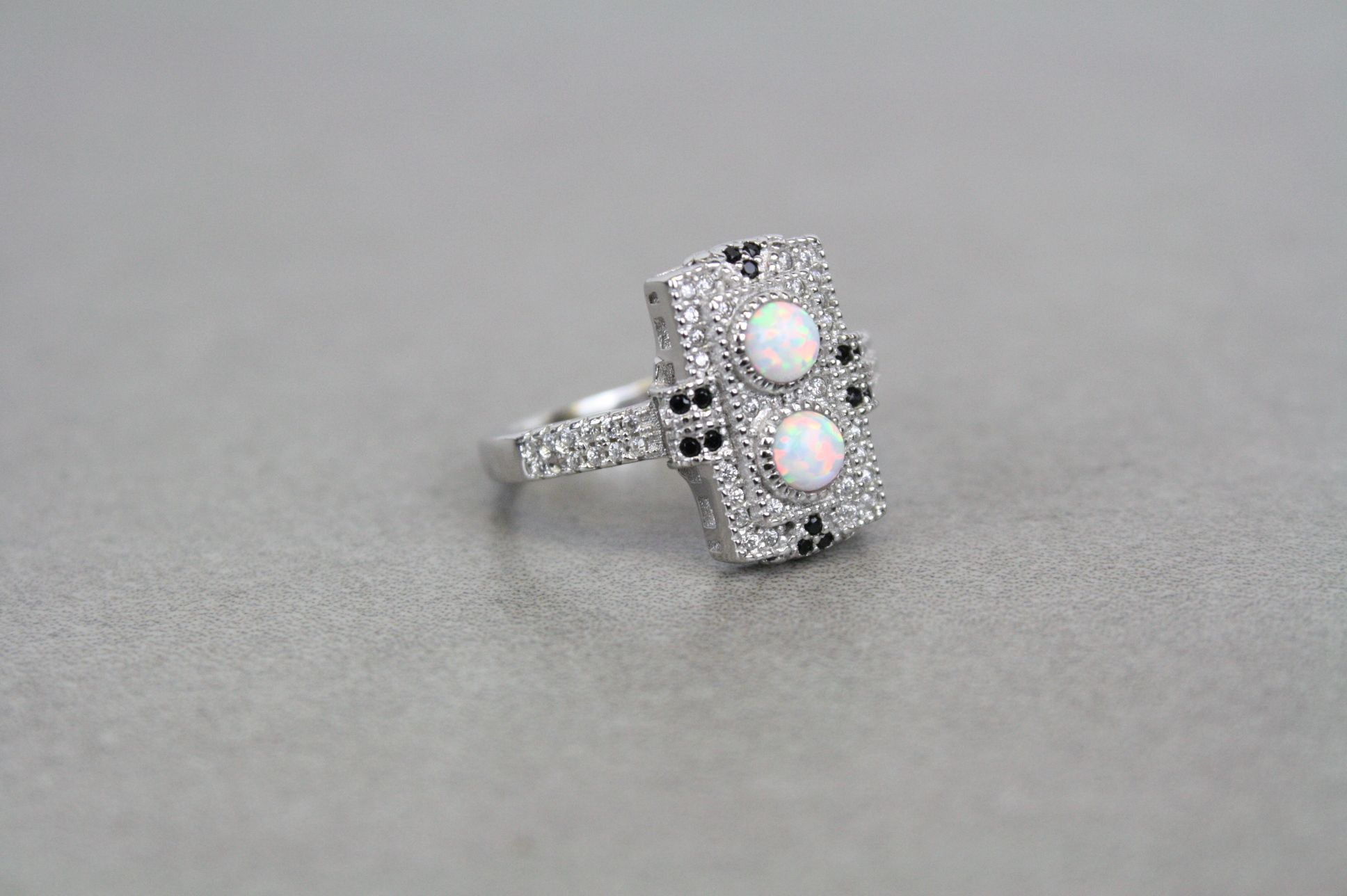 Silver CZ and opal panelled Art Deco style ring