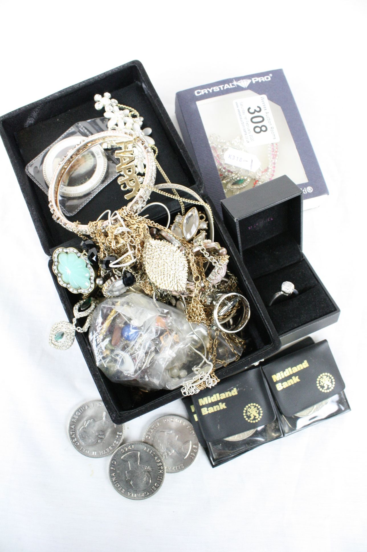 Collection of mixed Costume jewellery & coins to include Crowns & Swarovski crystal set