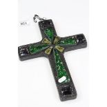 America decorative hanging cross formed of green, yellow and purple glass, length approximately