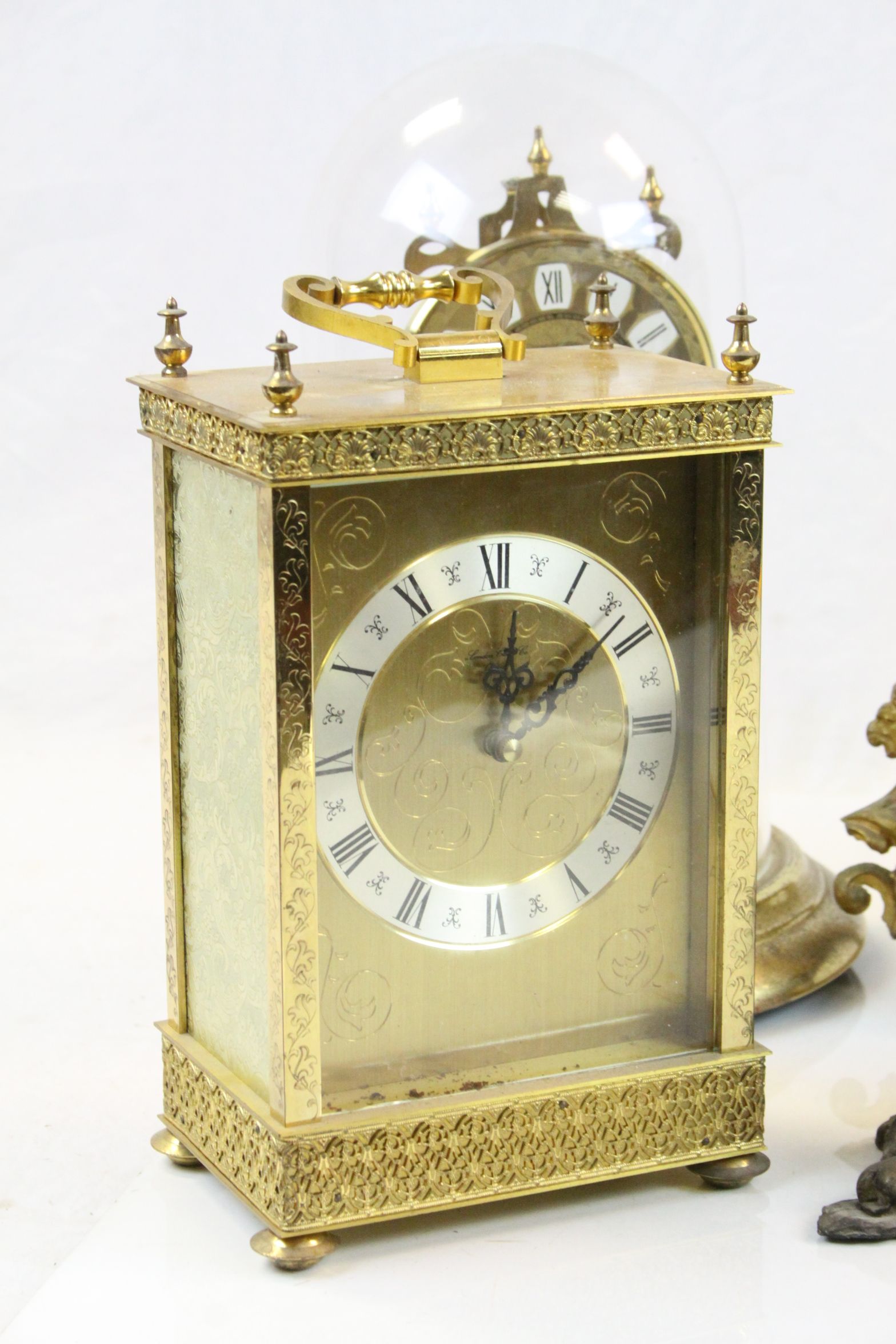 Three skeleton clocks, large quartz carriage clock, a mantle clock modelled as a dancing boy with - Image 2 of 7