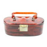 Vintage handbag style Lucite Jewellery box containing an Enamel Coin Brooch, 1902 Bronze