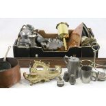 Box of mixed copper, brass and pewter to include copper saucepans, gilt inkstand, copper wall