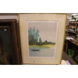 Limited edition contemporary coloured print, figure in a boat on a river, 9/200, indistinctly signed