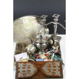Quantity of costume jewellery, silver plated teapot and milk jug, silver plated three scone