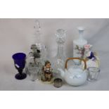 Cut glass ship's decanter, one other decanter, two glass vases, Royal Doulton figure Kathleen &